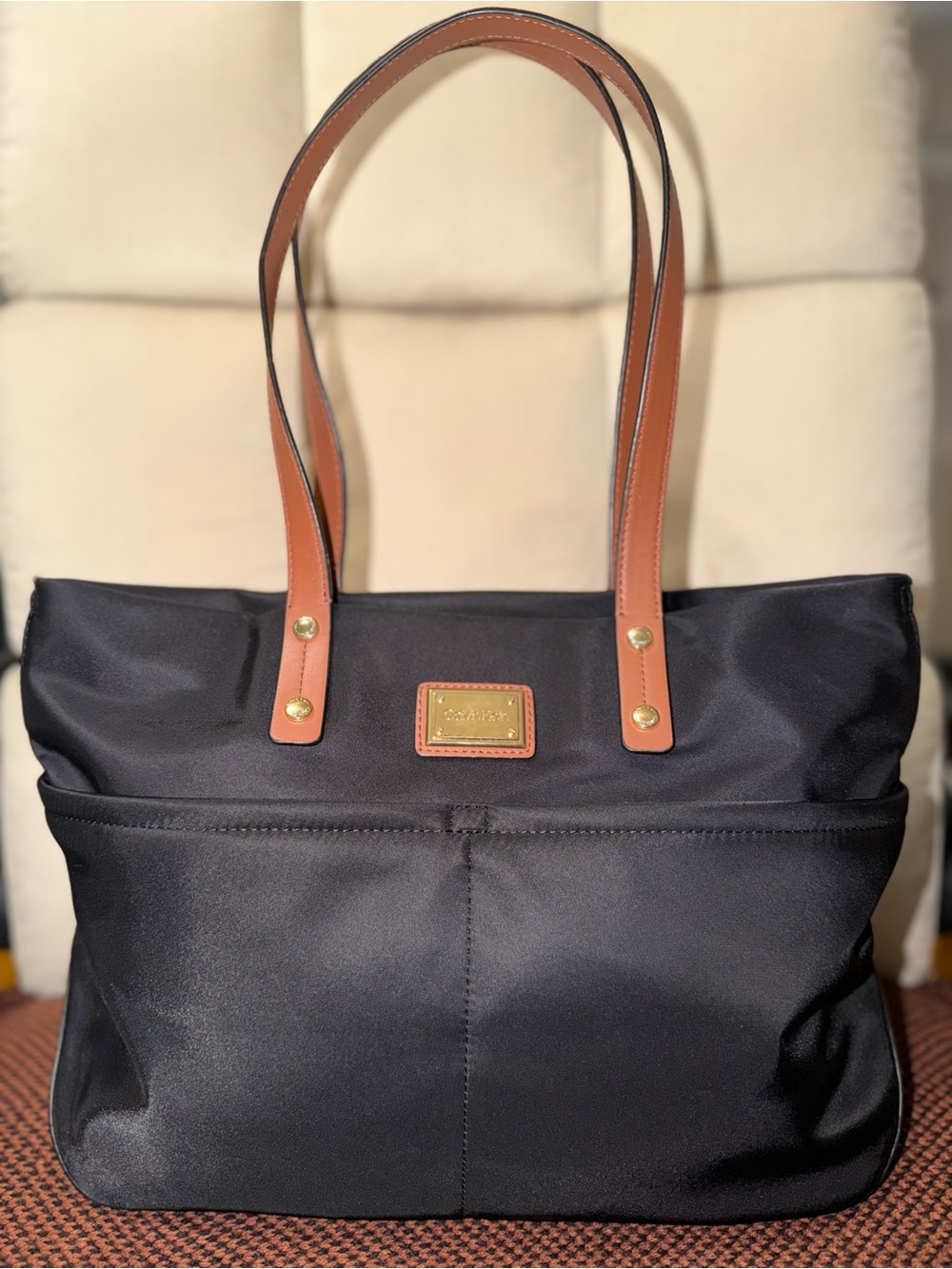 Calvin Klein Black Tote with Tan Leather Handles